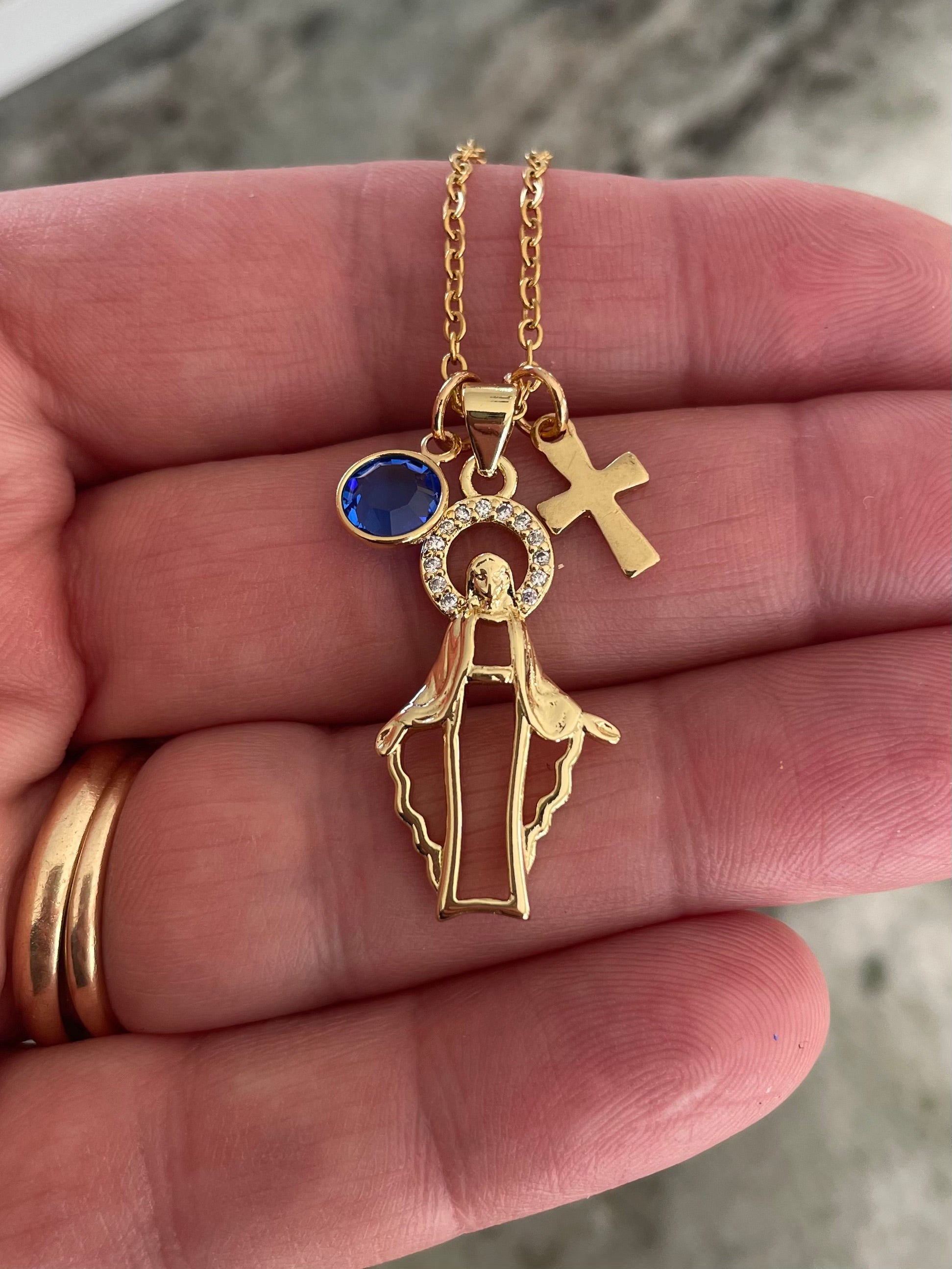 Gold Miraculous Medal Necklace with Birthstone - 1 Inch Virgin Mary Pendant on Stainless Steel Chain