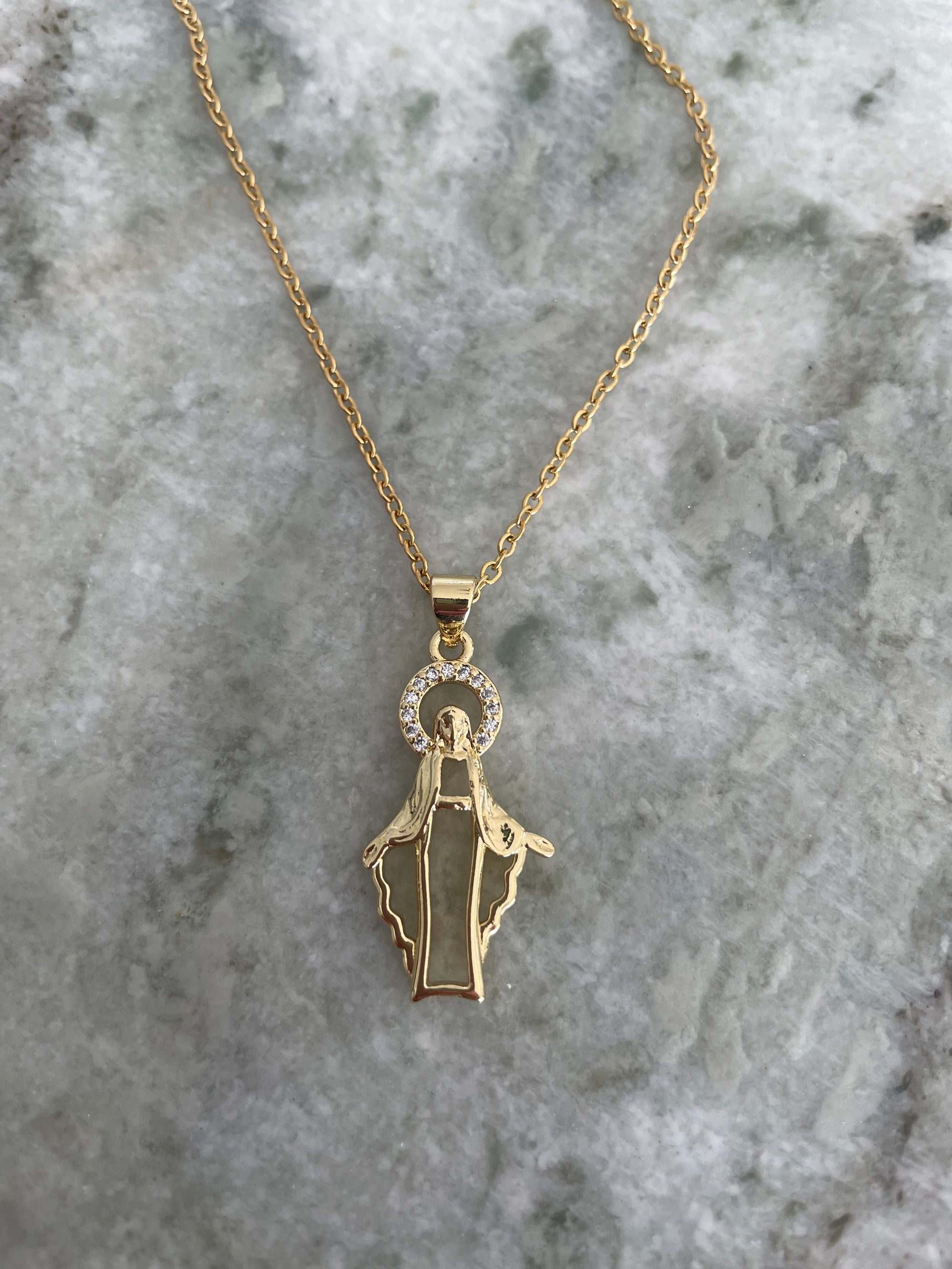 Gold Miraculous Medal Necklace with Birthstone - 1 Inch Virgin Mary Pendant on Stainless Steel Chain