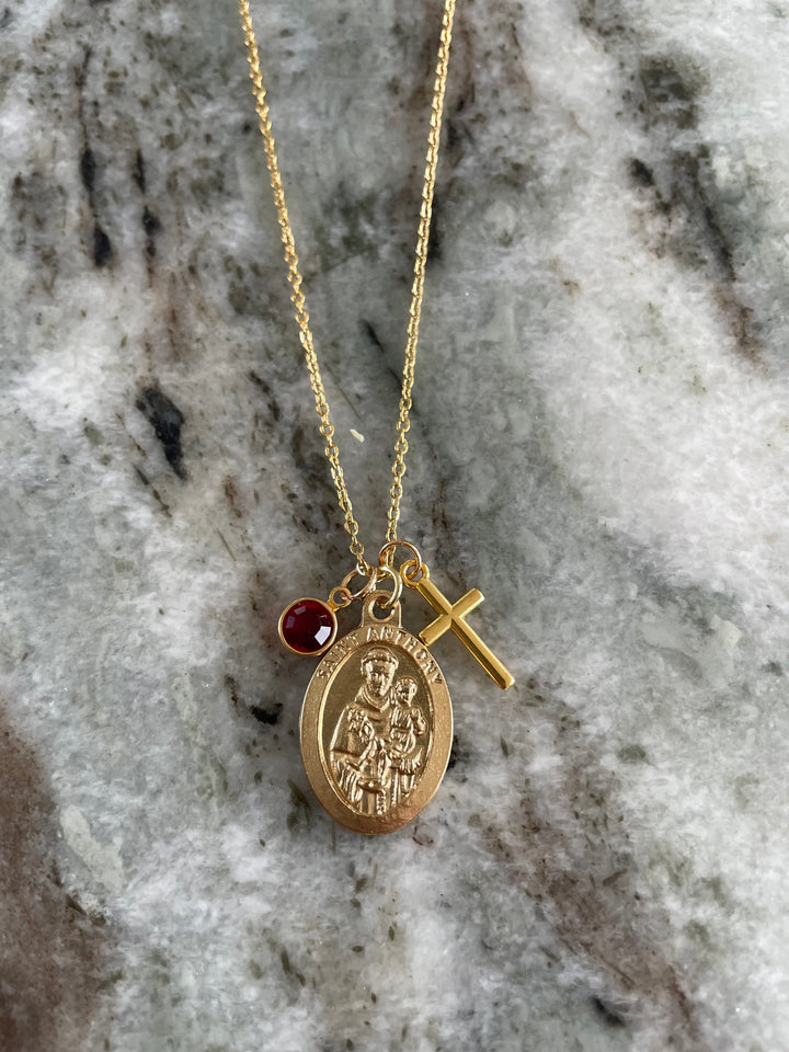 Gold Saint Anthony Necklace with Birthstone - 1 Inch St Anthony Pendant on Stainless Steel Chain