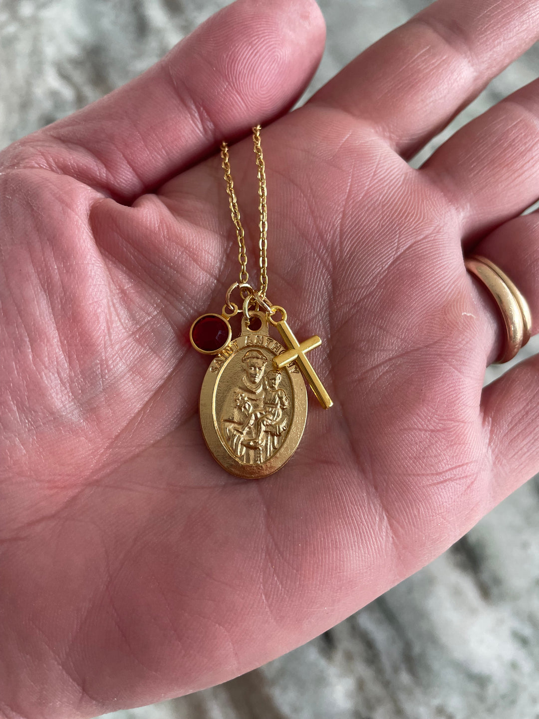 Gold Saint Anthony Necklace with Birthstone - 1 Inch St Anthony Pendant on Stainless Steel Chain