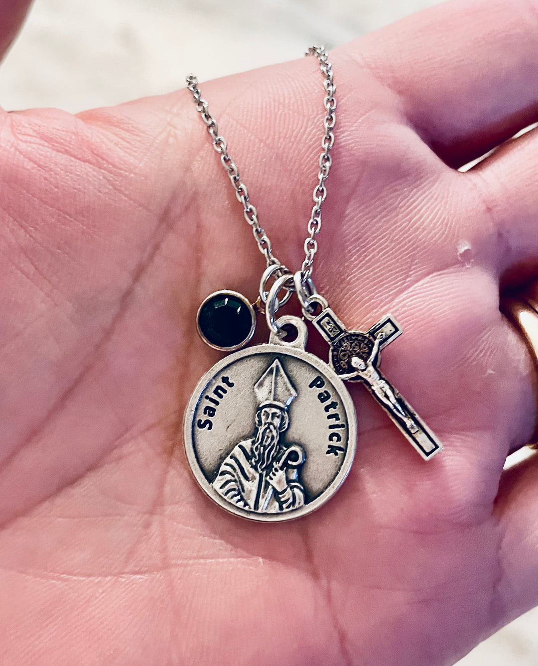 Saint Patrick Necklace Cross Birthstone Silver Catholic Medal Prayer Irish Confirmation Gift