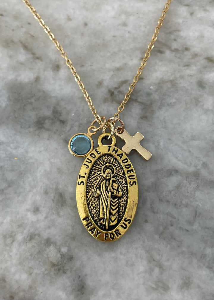 Saint Jude Necklace Gold Medal with Birthstone Double sided Patron Saint of Hope Gift for Men &amp; Women - San Judas Tadeo