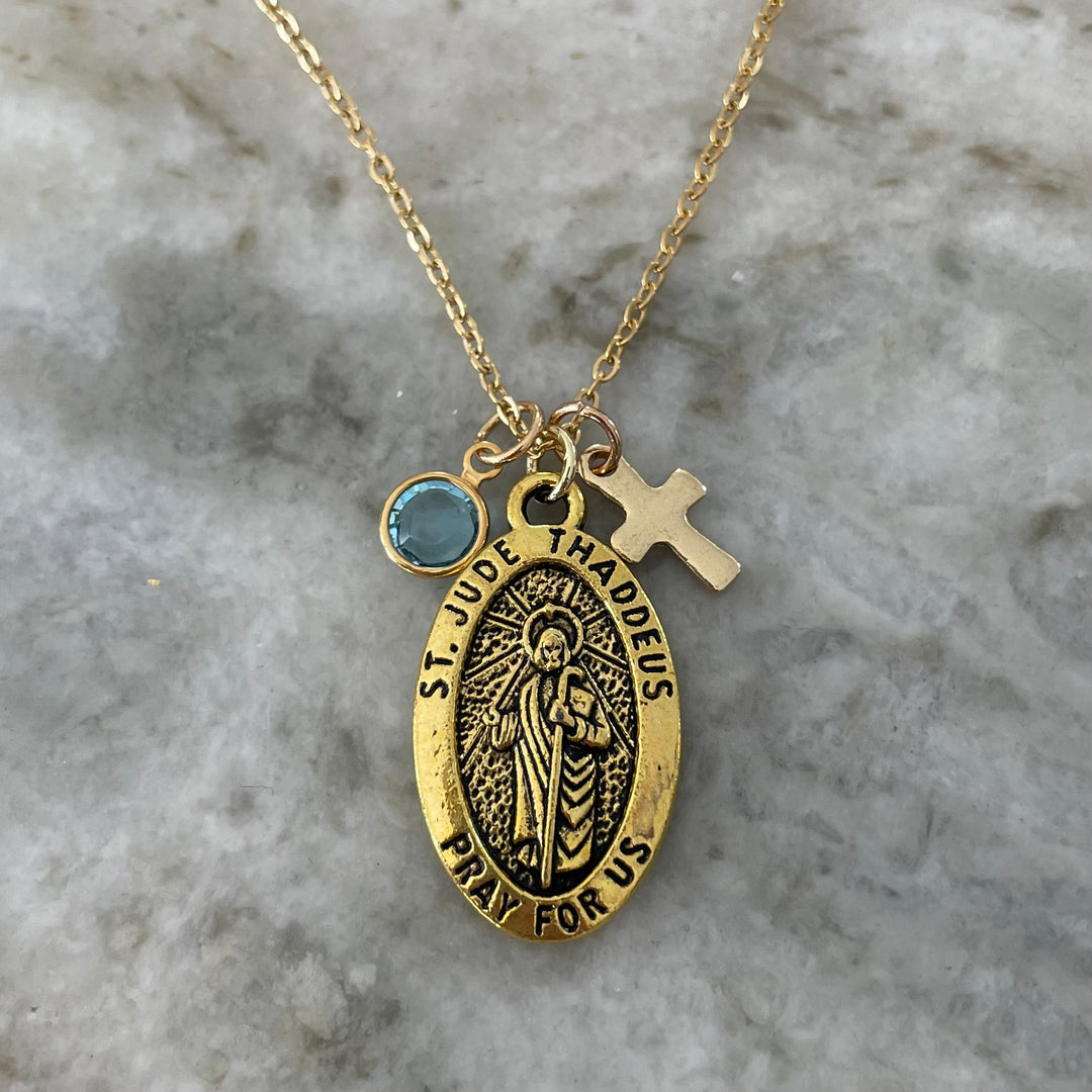 Saint Jude Necklace Gold Medal with Birthstone - Double sided Patron Saint of Hope Gift for Men &amp; Women - San Judas Tadeo