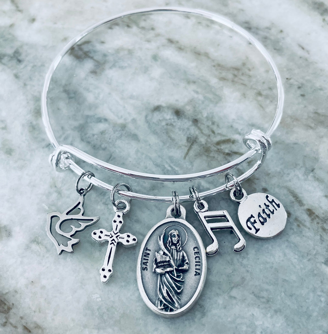 Saint Cecilia Bangle Bracelet – Silver Patron Saint of Music • Faith, Angel &amp; Cross Charm Bracelet