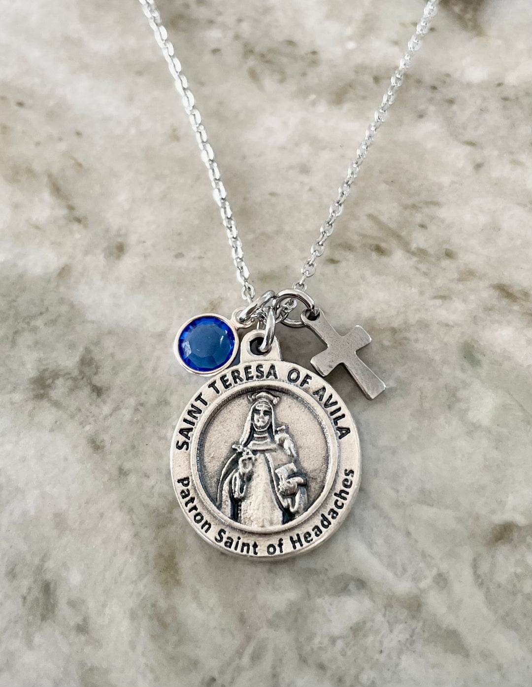Saint Teresa of Avila Necklace Cross Birthstone Silver Catholic Medal Prayer Patron Saint of Headaches