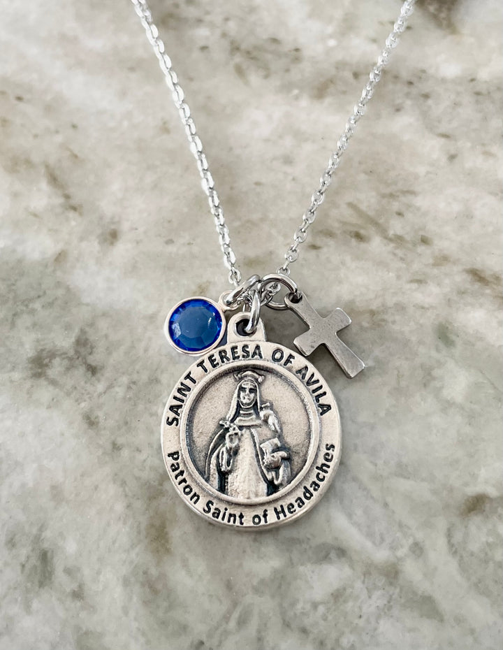 Saint Teresa of Avila Necklace Cross Birthstone Silver Catholic Medal Prayer Patron Saint of Headaches