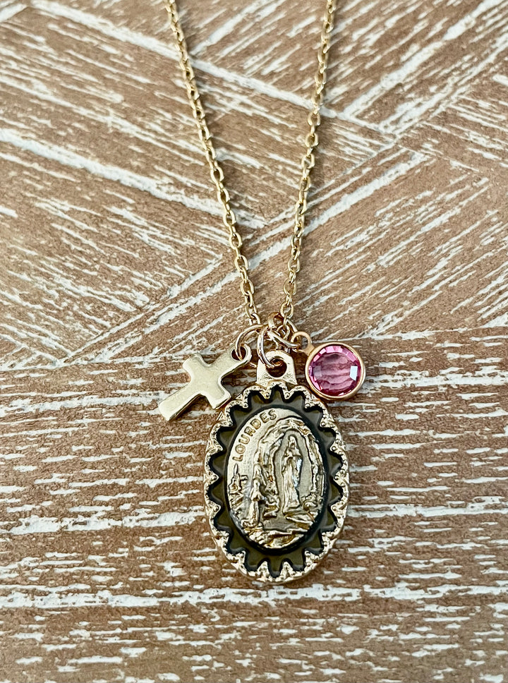 Our Lady of Lourdes Necklace with Birthstone and Cross, Gold Catholic Medal Necklace, Personalized Religious Gift for Women
