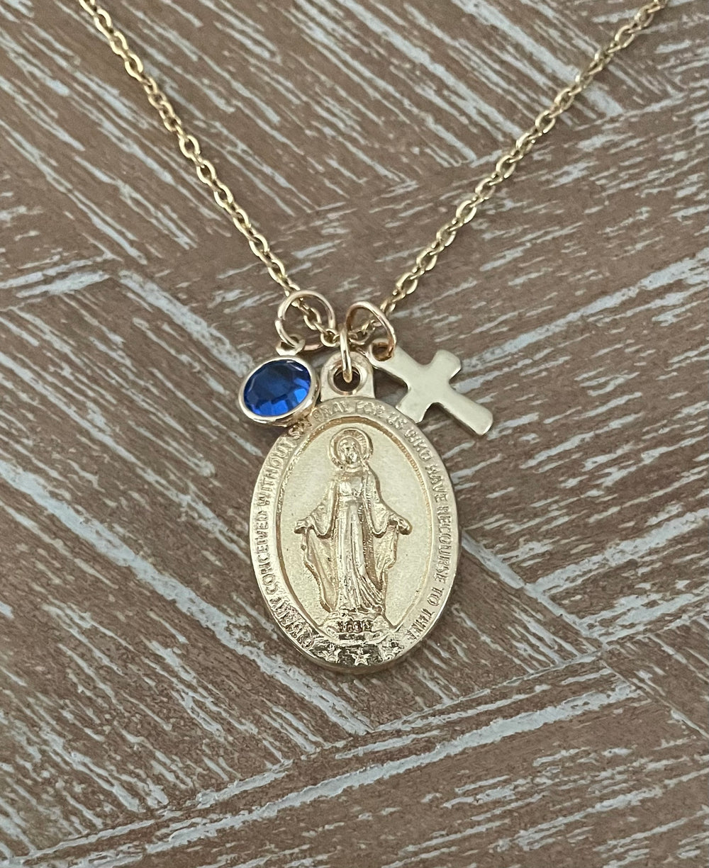 Gold Miraculous Mary Necklace – Catholic Medal with Cross & Birthstone – Personalized Virgin Mary Pendant Gift