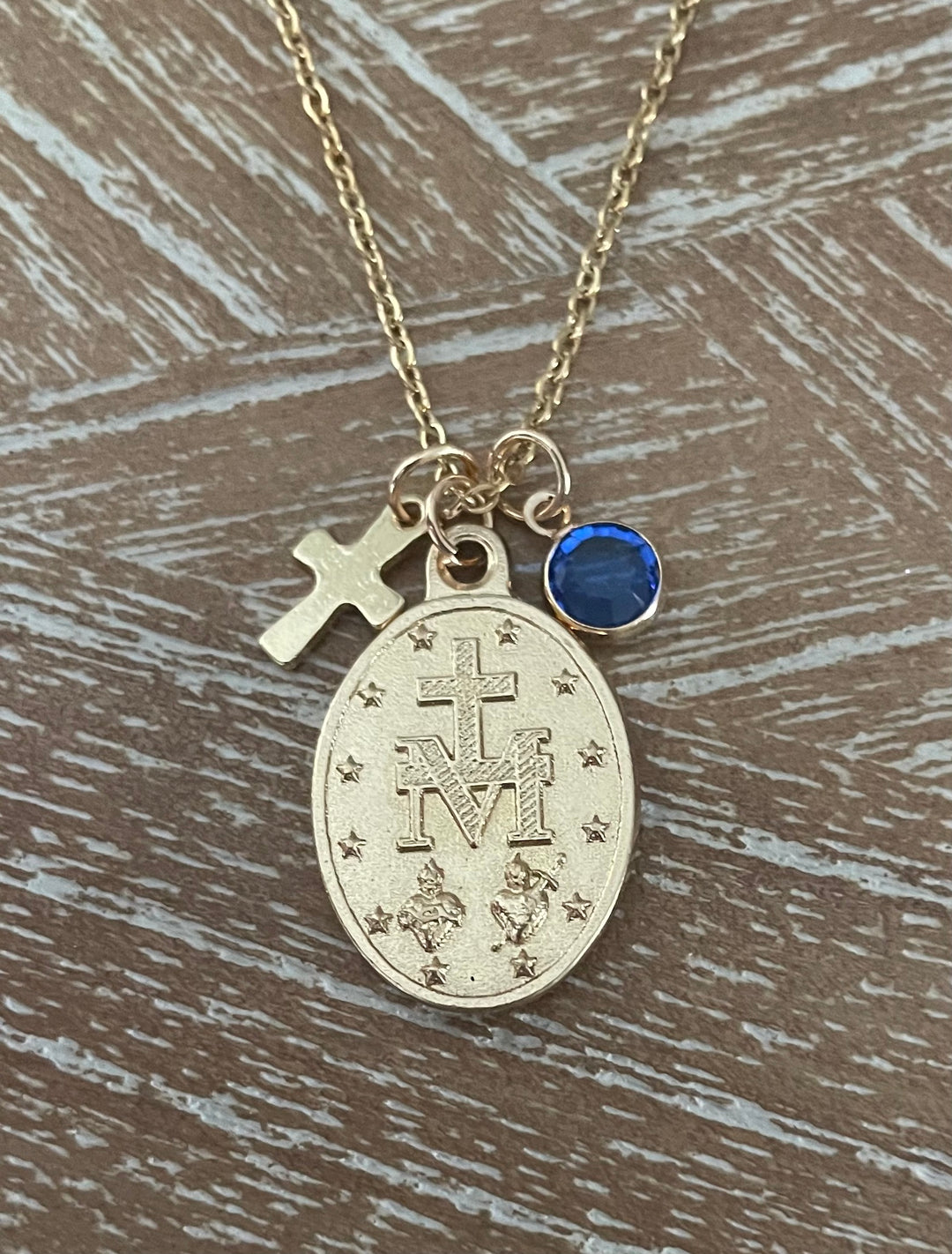 Gold Miraculous Mary Necklace – Catholic Medal with Cross &amp; Birthstone – Personalized Virgin Mary Pendant Gift