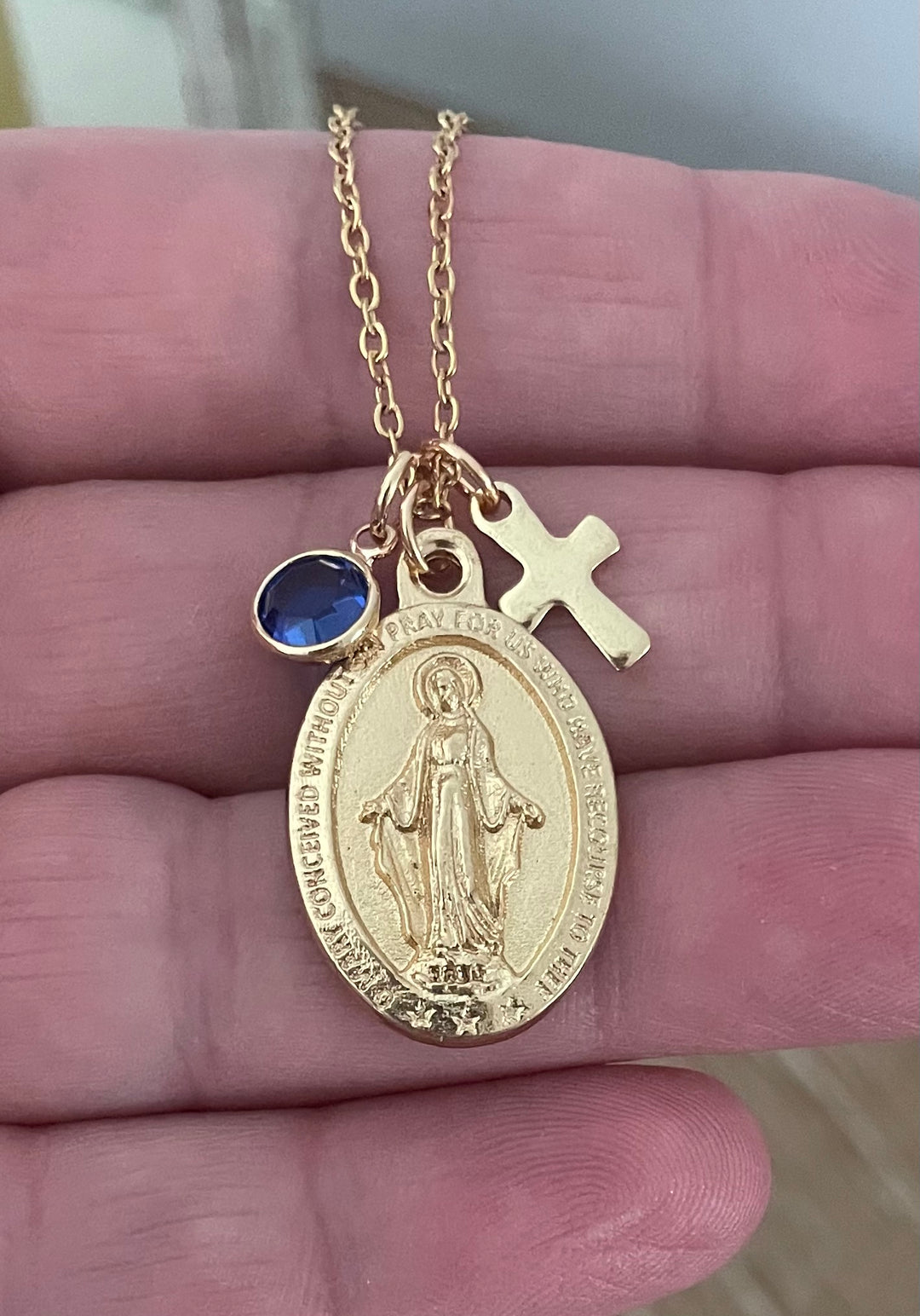 Gold Miraculous Mary Necklace – Catholic Medal with Cross &amp; Birthstone – Personalized Virgin Mary Pendant Gift