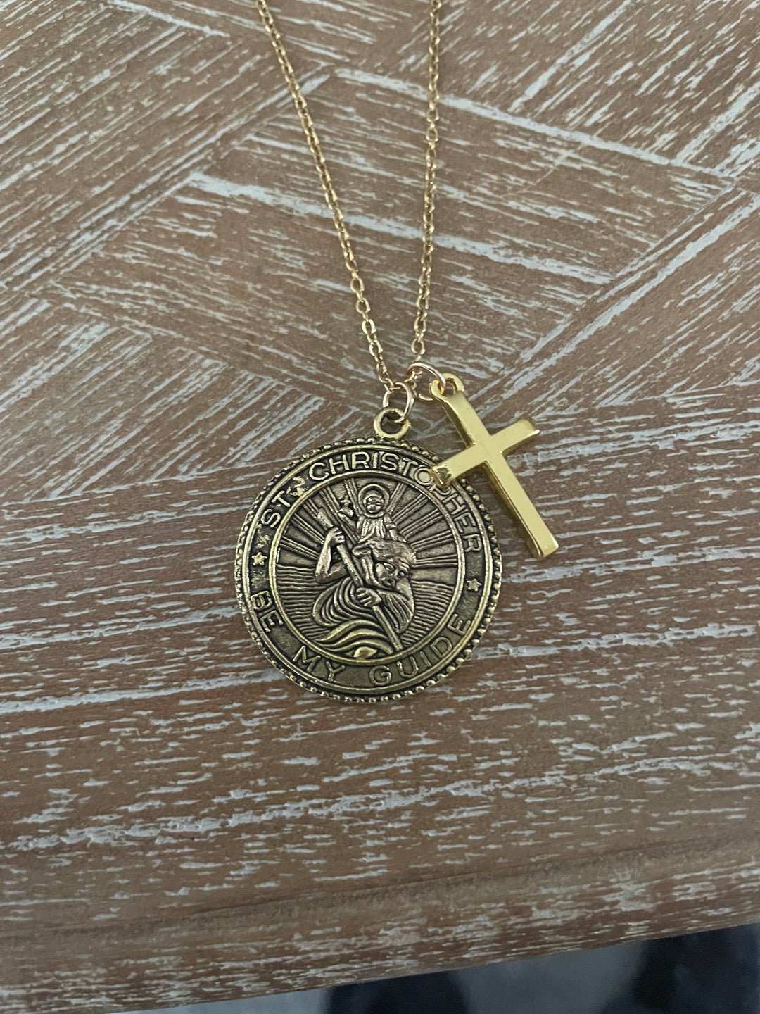 St Christopher Necklace Gold Medal Birthstone Pendant Cross Charm Catholic Patron Saint Jewelry