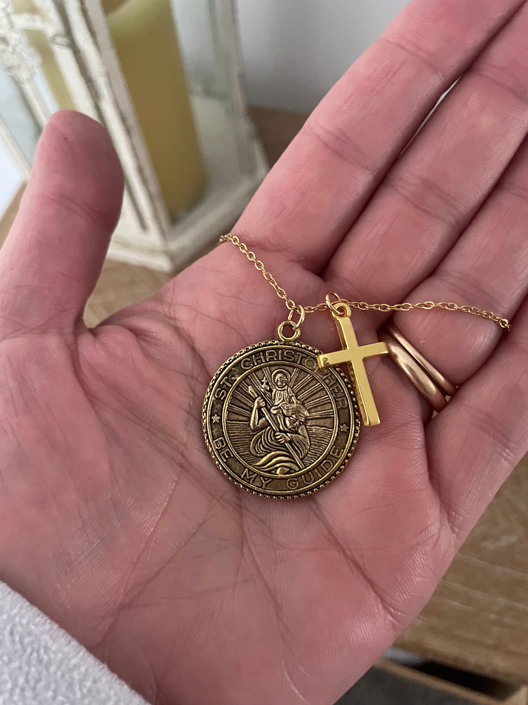 St Christopher Necklace Gold Medal Birthstone Pendant Cross Charm Catholic Patron Saint Jewelry