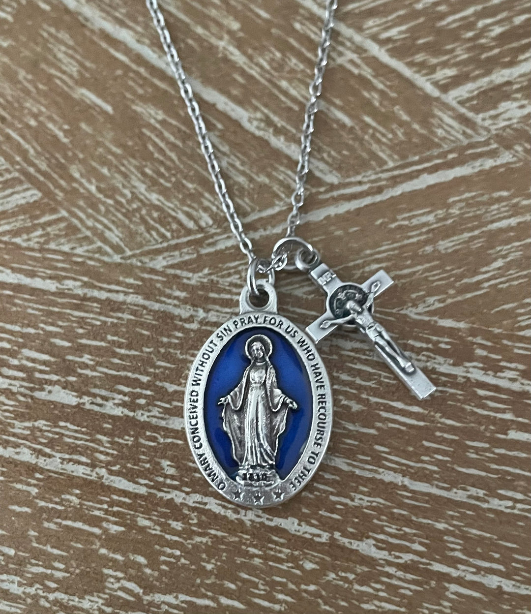Blue Miraculous Mary Medal Necklace – Silver Virgin Mary with Cross &amp; Birthstone – Personalized Catholic Gift