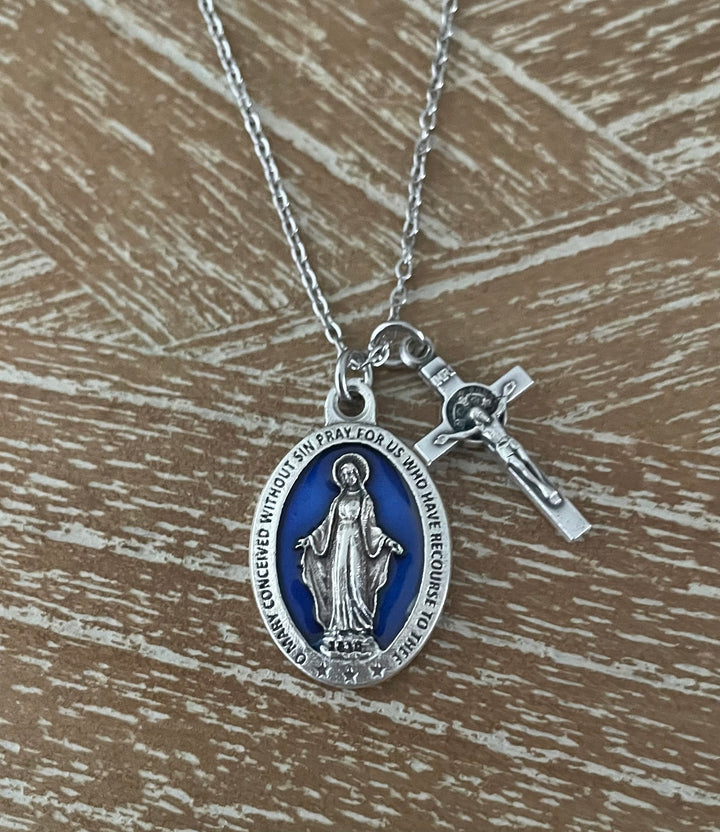 Blue Miraculous Mary Medal Necklace – Silver Virgin Mary with Cross &amp; Birthstone – Personalized Catholic Gift