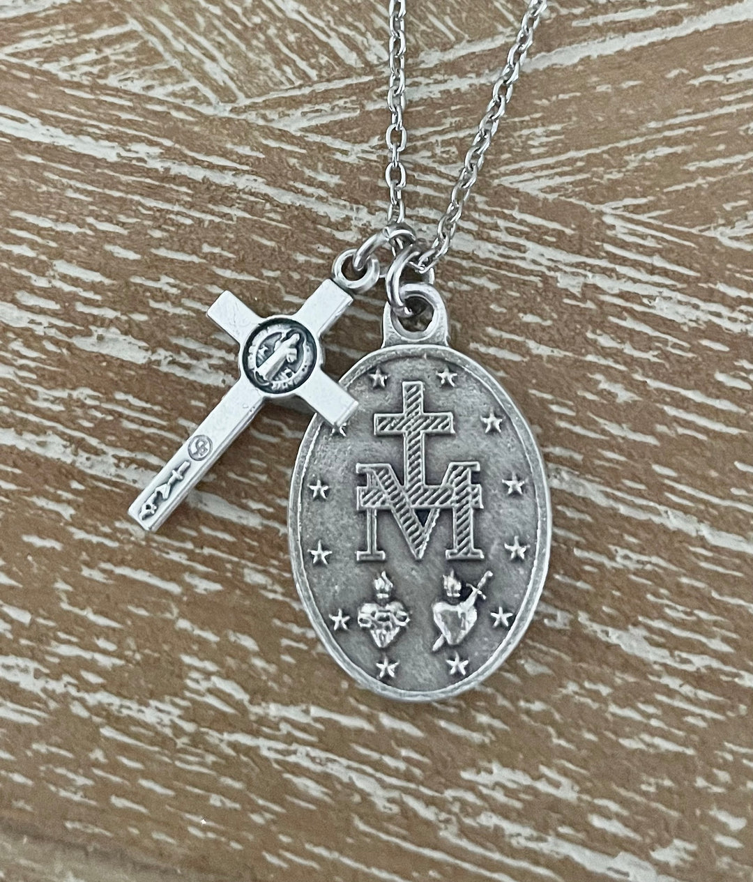 Silver Virgin Mary Medal Necklace Blue Miraculous Medal with Cross and Birthstone