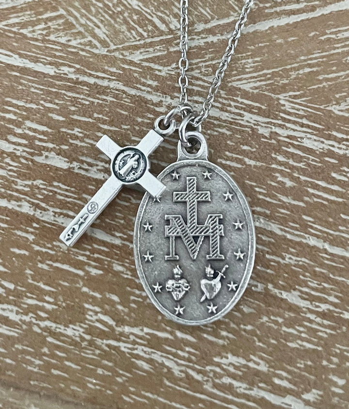 Silver Virgin Mary Medal Necklace Blue Miraculous Medal with Cross and Birthstone