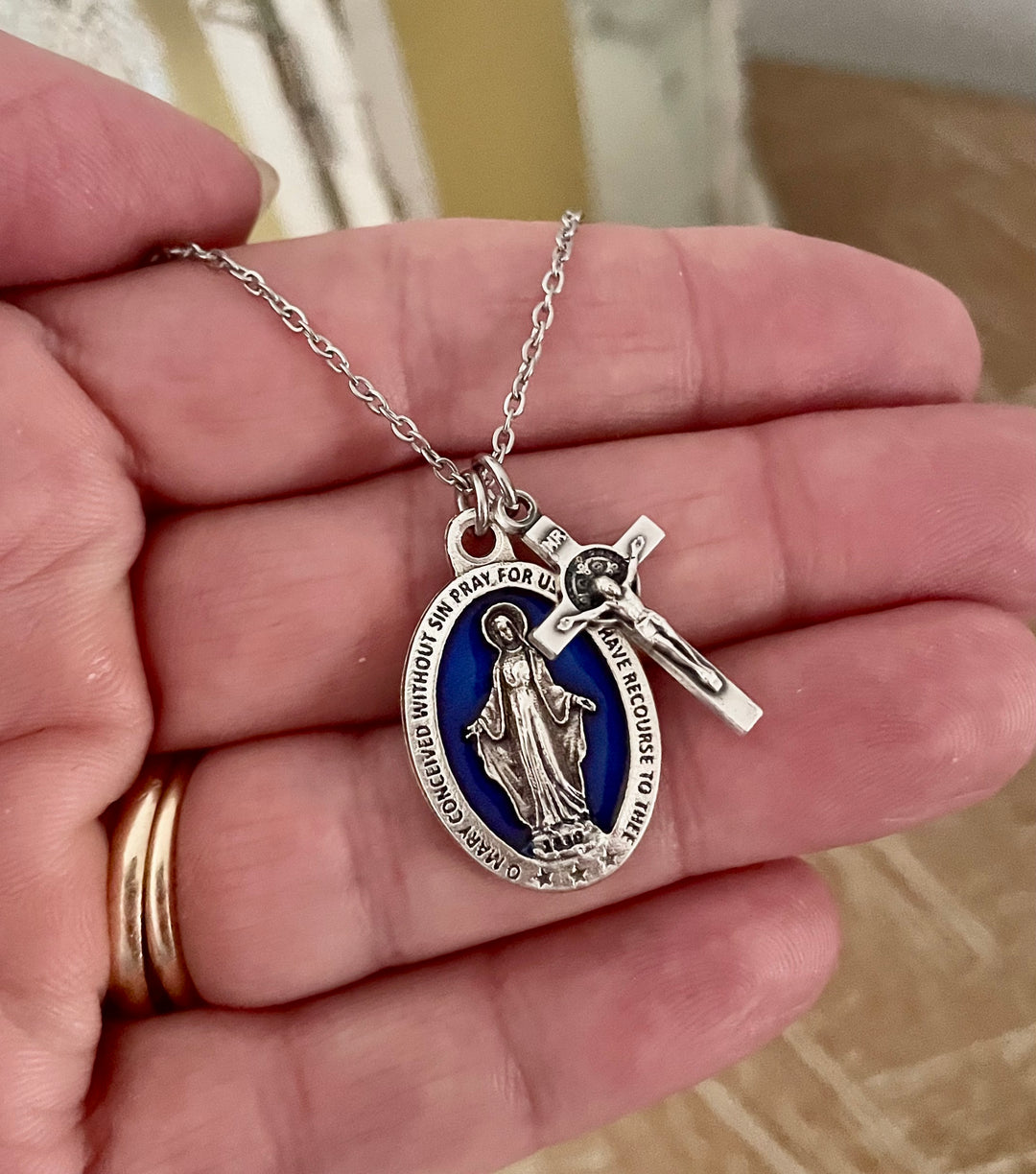 Silver Virgin Mary Medal Necklace Blue Miraculous Medal with Cross and Birthstone