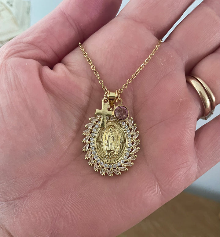 Our Lady of Guadalupe Necklace Gold | Virgin Mary Medal with Birthstone Cross | Catholic Gift
