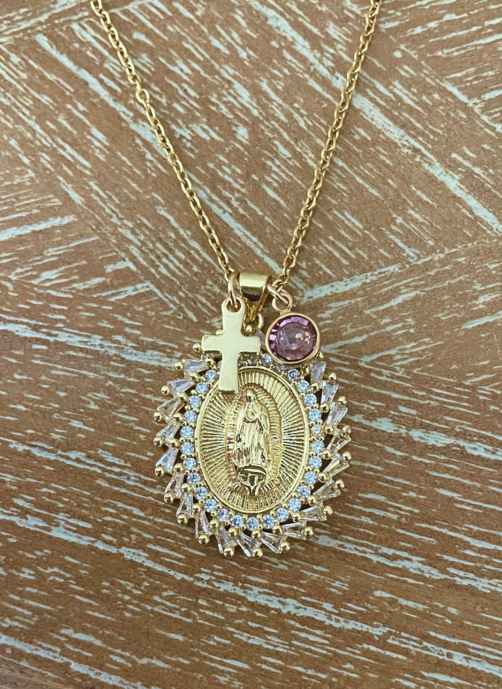 Our Lady of Guadalupe Necklace Gold | Virgin Mary Medal with Birthstone Cross | Catholic Gift