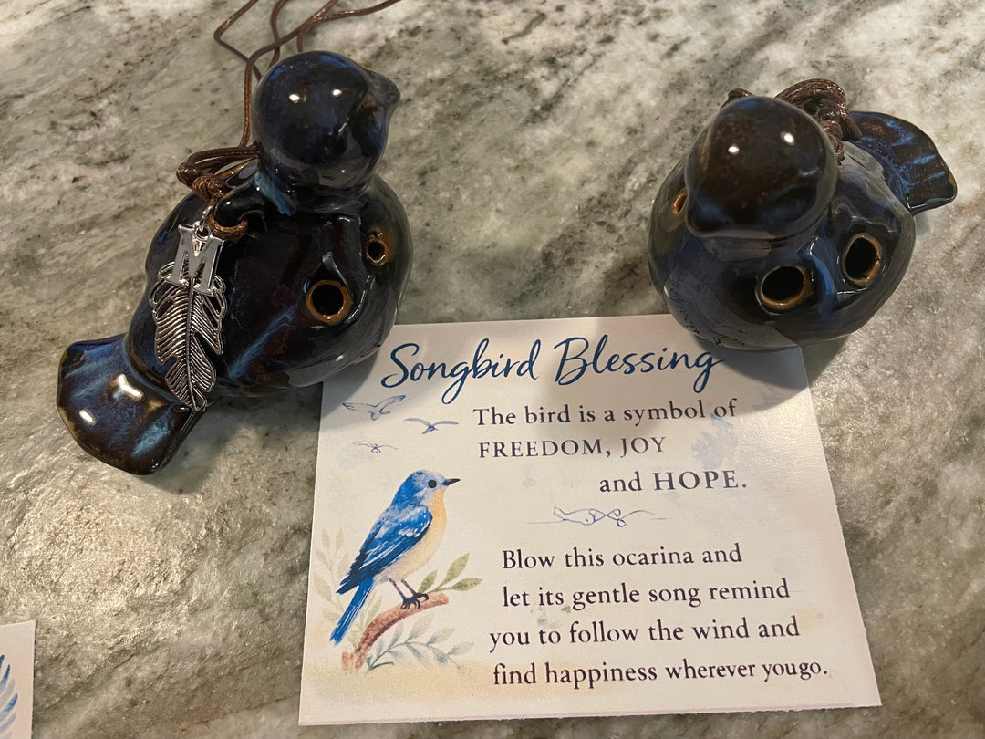 Songbird Ocarina Whistle - Handcrafted Ceramic Bird Whistle with Feather Charm