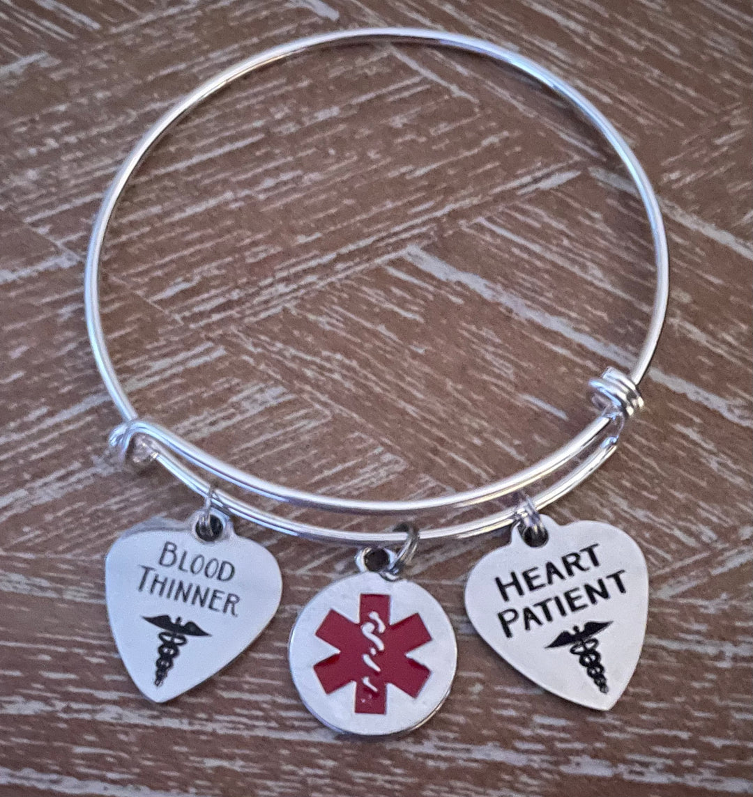 Heart Patient Blood Thinners Medical Alert Bracelet, Adjustable Silver Charm Bangle, Medical ID Jewelry Gift
