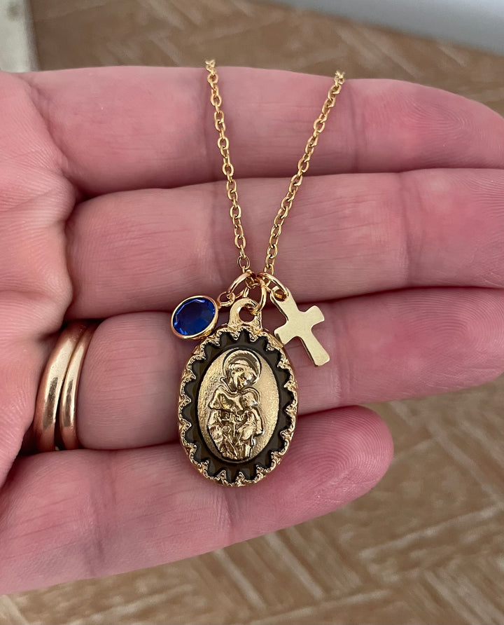 Saint Anthony Necklace with Birthstone – Gold Medal Pendant, Cross Charm | Patron Saint Jewelry
