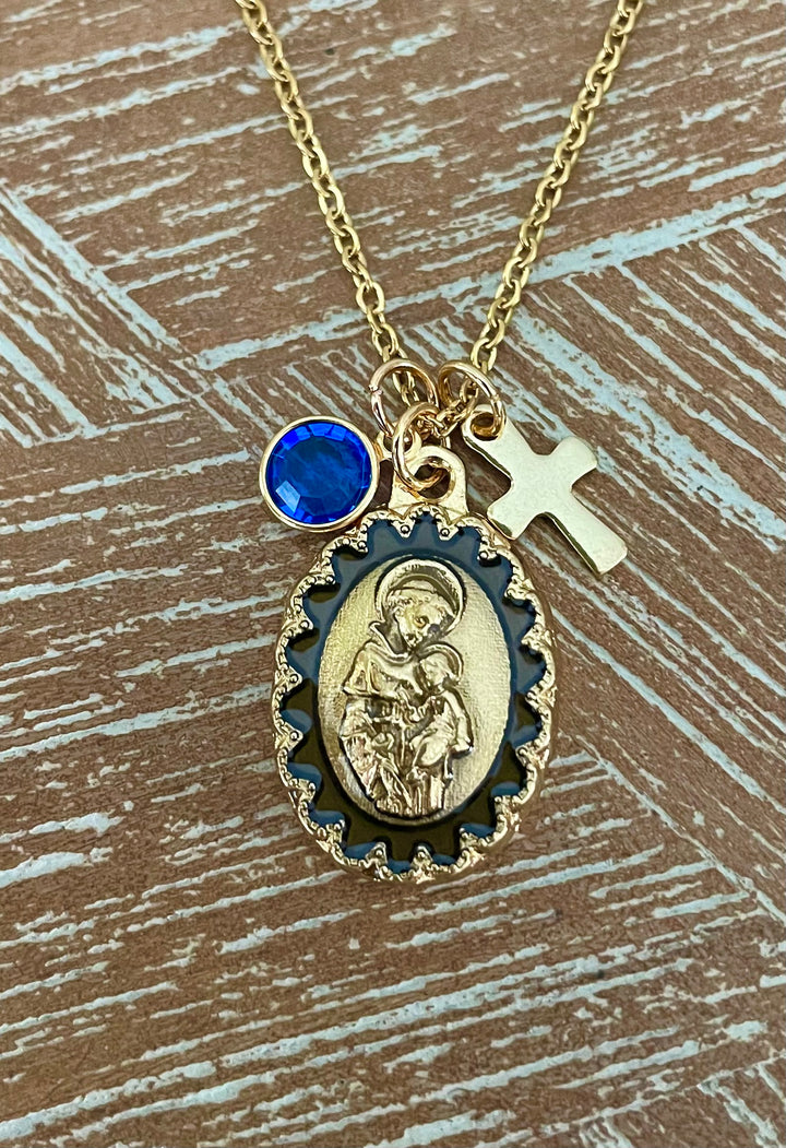Saint Anthony Necklace with Birthstone – Gold Medal Pendant, Cross Charm | Patron Saint Jewelry