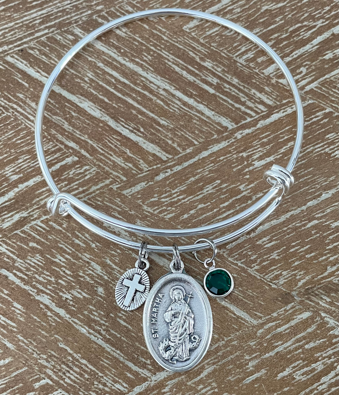 St Martha Bracelet with Birthstone - Patron Saint Charm Bangle Gift for Catholic Women