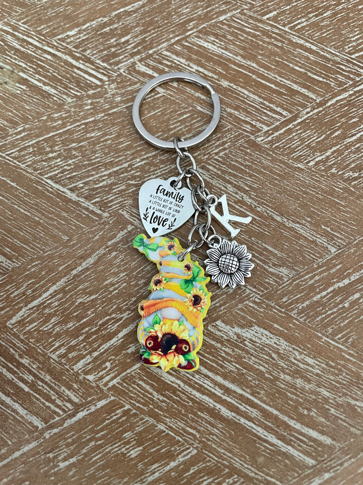 Sunflower Gnome Family Keychain | Personalized Initial Charm Keychain | Family Gift