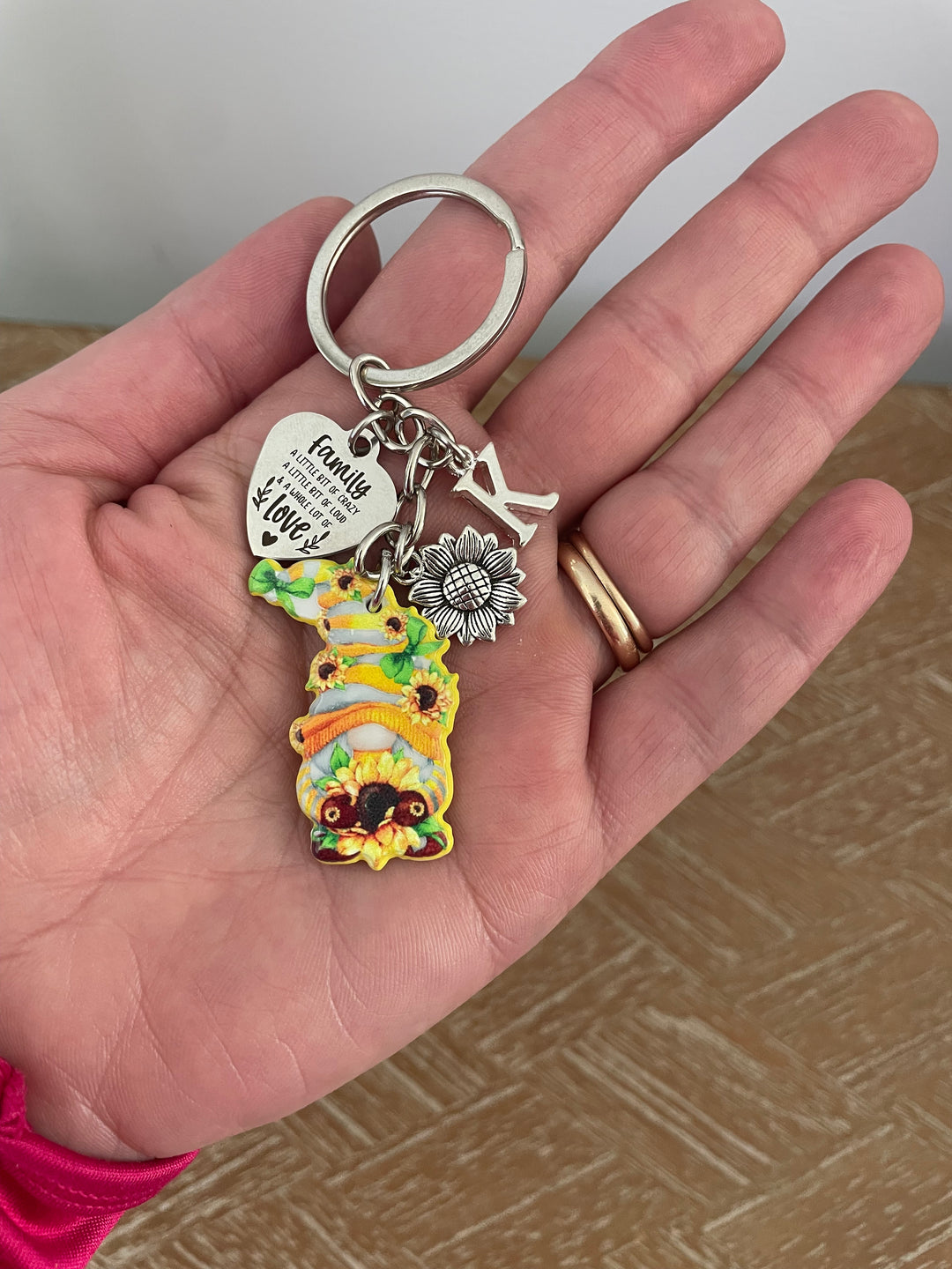 Sunflower Gnome Family Keychain | Personalized Initial Charm Keychain | Family Gift