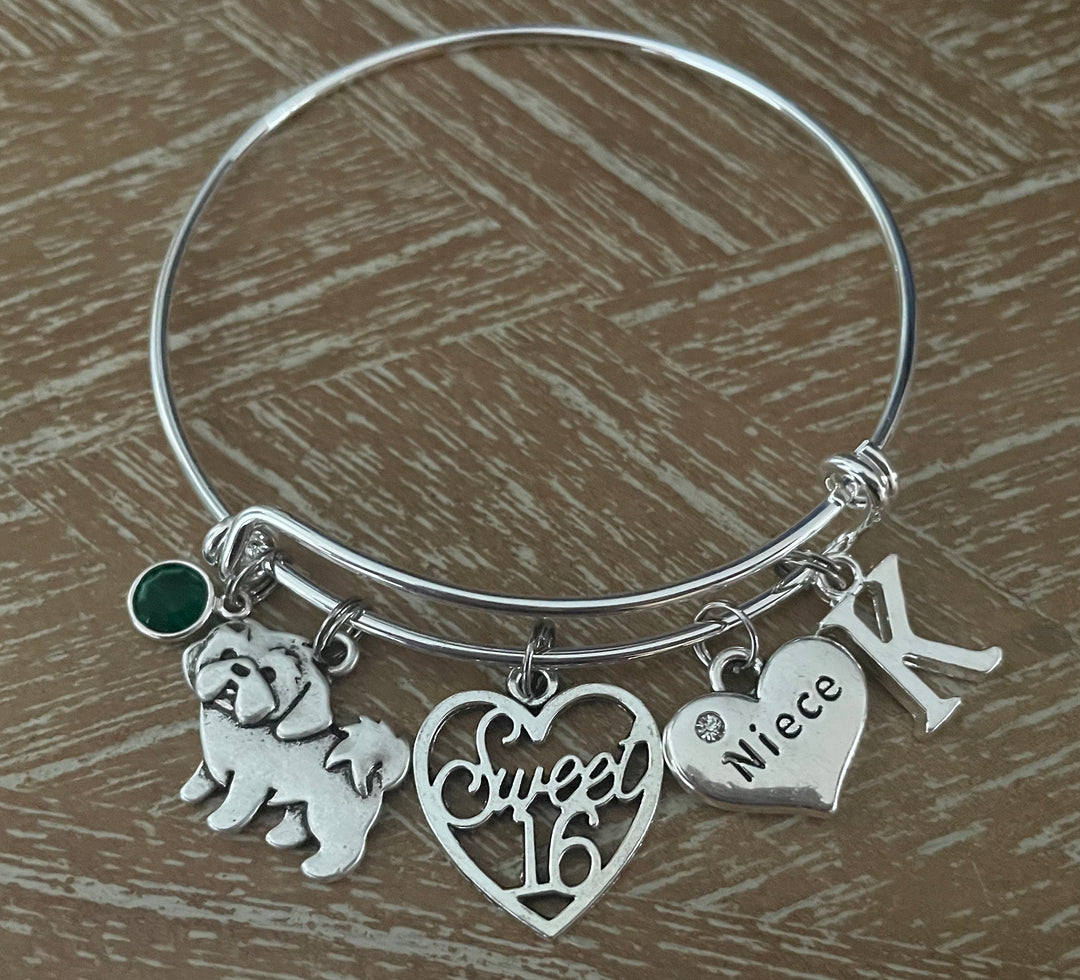 Sweet 16 Niece Bracelet – Personalized Shih Tzu Charm Bangle with Initial &amp; Birthstone