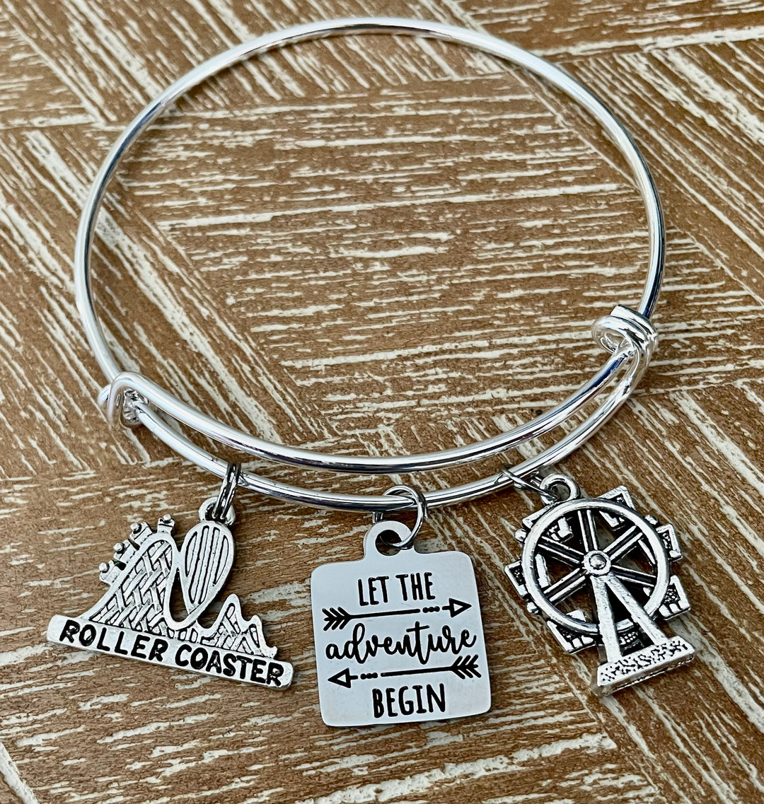 Adventure Theme Park Charm Bracelet – Adjustable Silver Bangle with Roller Coaster, Ferris Wheel & “Let the Adventure Begin” Pendant