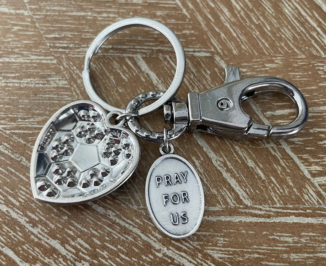 Saint Sebastian soccer keychain with lobster clasp, rhinestone heart charm, and saint medal – patron saint of sports"