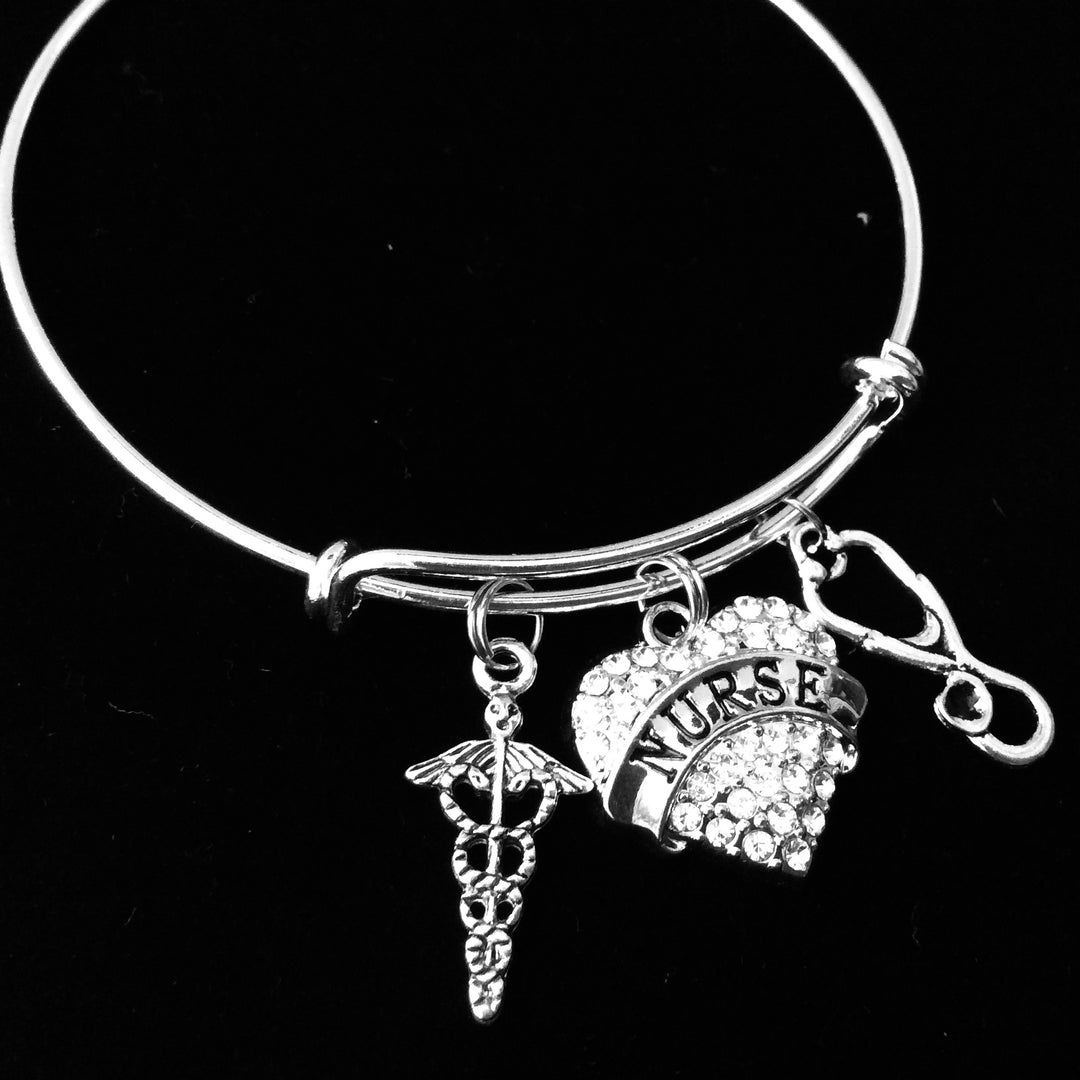 Nurse Charm Bracelet – Crystal Heart &amp; Stethoscope Bangle Gift for Nurses