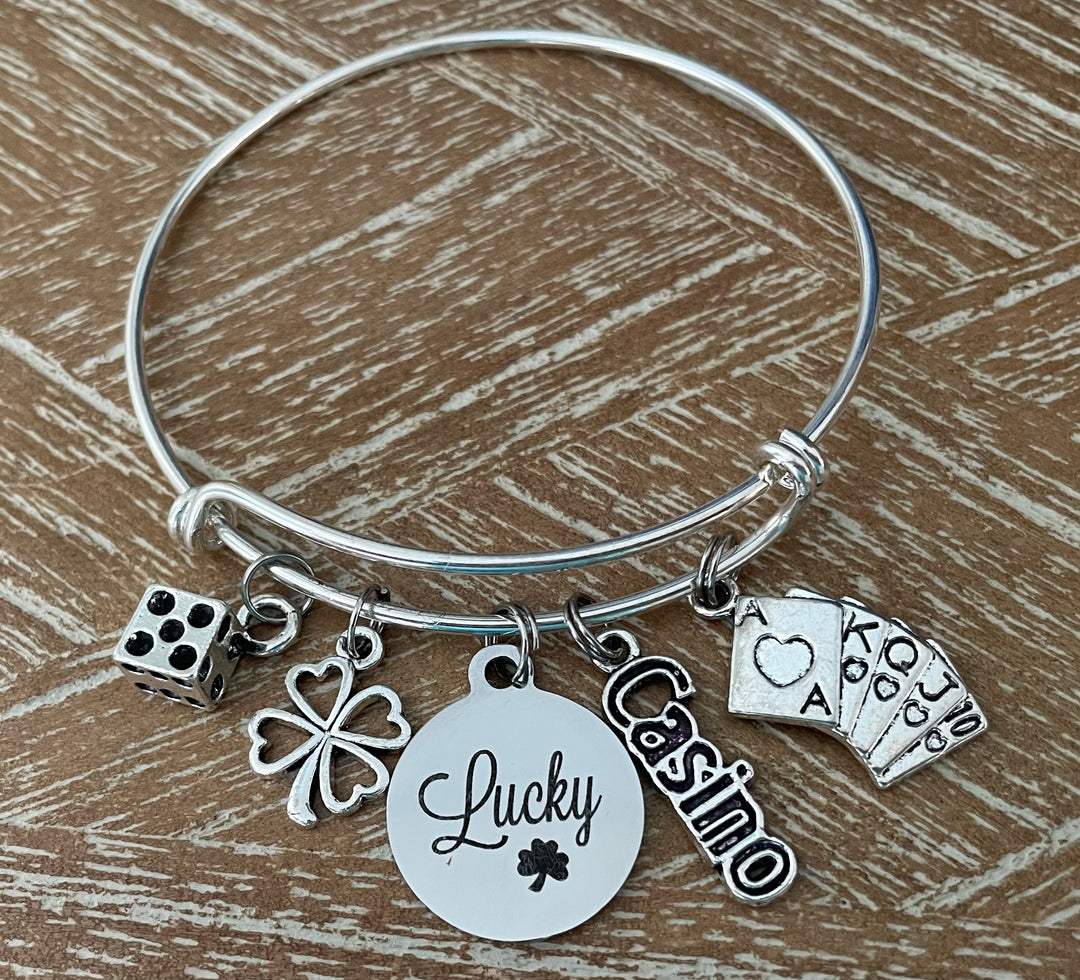 Lucky Casino Charm Bracelet | Dice, Playing Cards &amp; Four Leaf Clover Silver Bangle