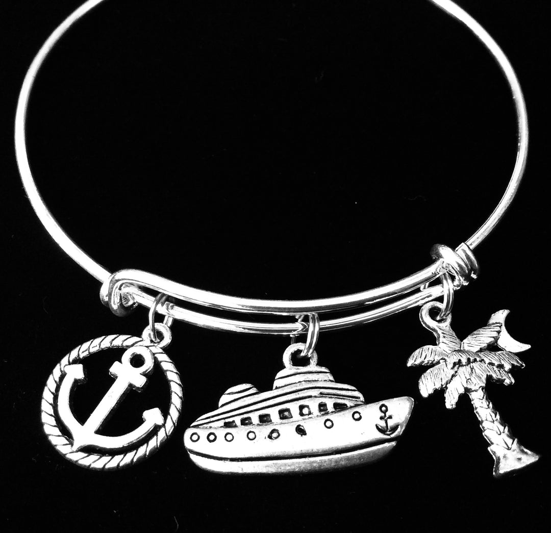 Cruise Ship Anchor Palm Tree Silver Expandable Charm Bracelet Adjustable Bangle Worker Gift Retirement