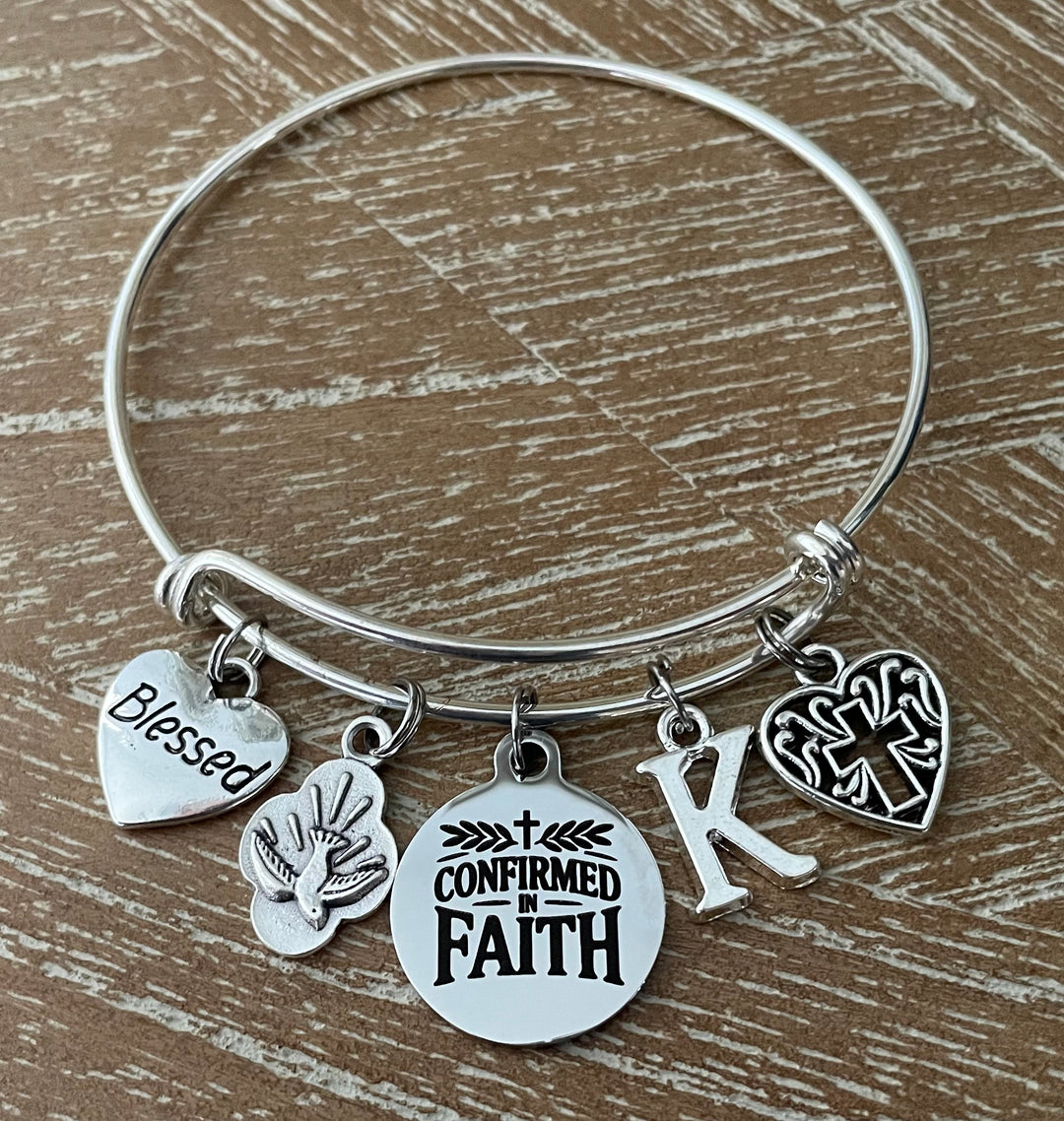 Confirmed in Faith Charm Bangle Bracelet – Personalized Initial