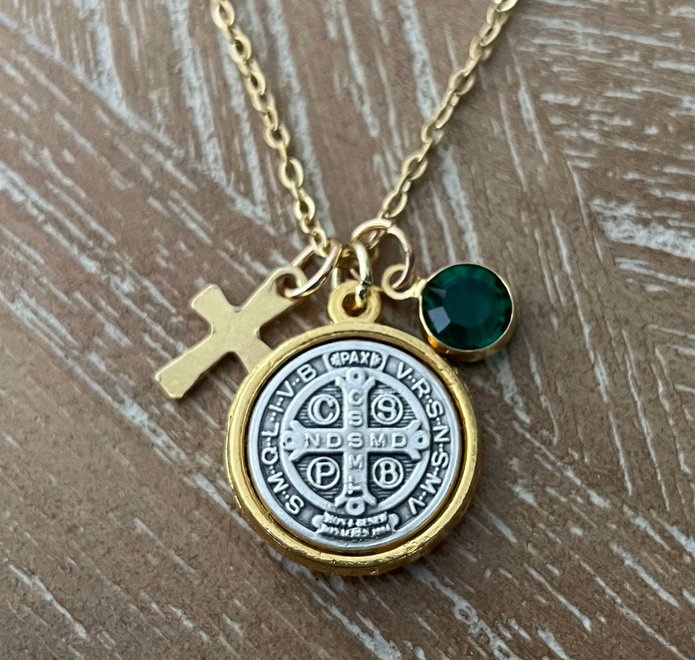 Saint Benedict medal gold necklace with emerald May birthstone charm