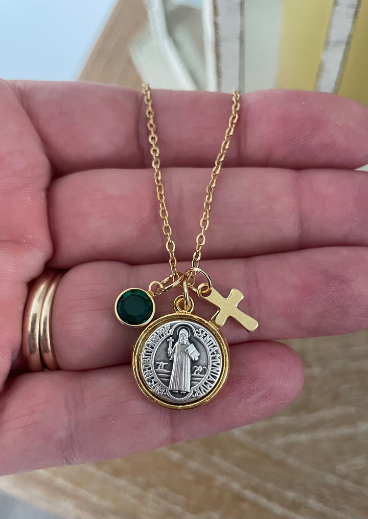 Personalized Saint Benedict medal gold necklace with birthstone charm