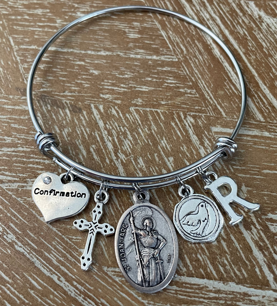 Confirmation Charm Bangle Bracelet – Saint Joan of Arc Medal, Cross, Dove &amp; Personalized Initial