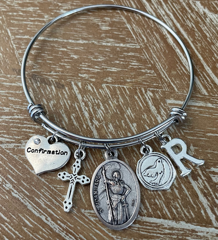 Confirmation Charm Bangle Bracelet – Saint Joan of Arc Medal, Cross, Dove &amp; Personalized Initial