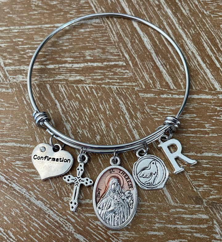 Confirmation Charm Bangle Bracelet – Saint Thérèse of the Little Flower Medal, Cross, Dove &amp; Personalized Initial