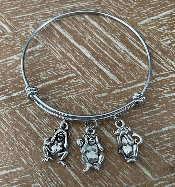 See No Evil Hear No Evil Speak No Evil Three Wise Monkeys Adjustable Bracelet Expandable Silver Charm Bangle Gift