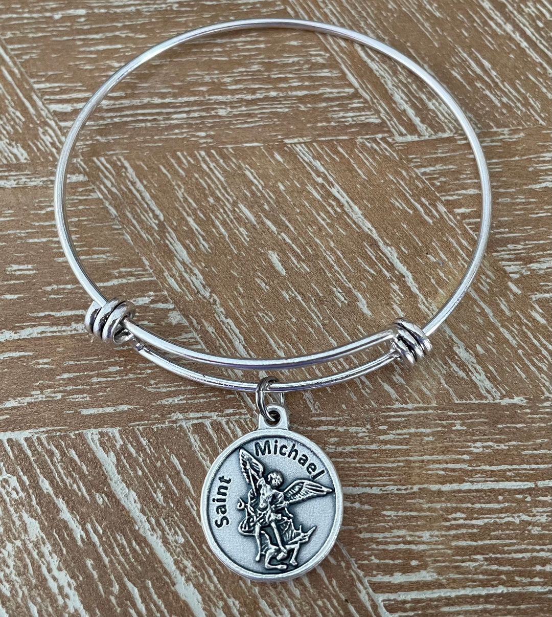 Saint Michael Archangel Bracelet | Serve and Protect Police Gift | Sterling Silver Plated Expandable Bangle | Catholic Patron Saint Charm Jewelry