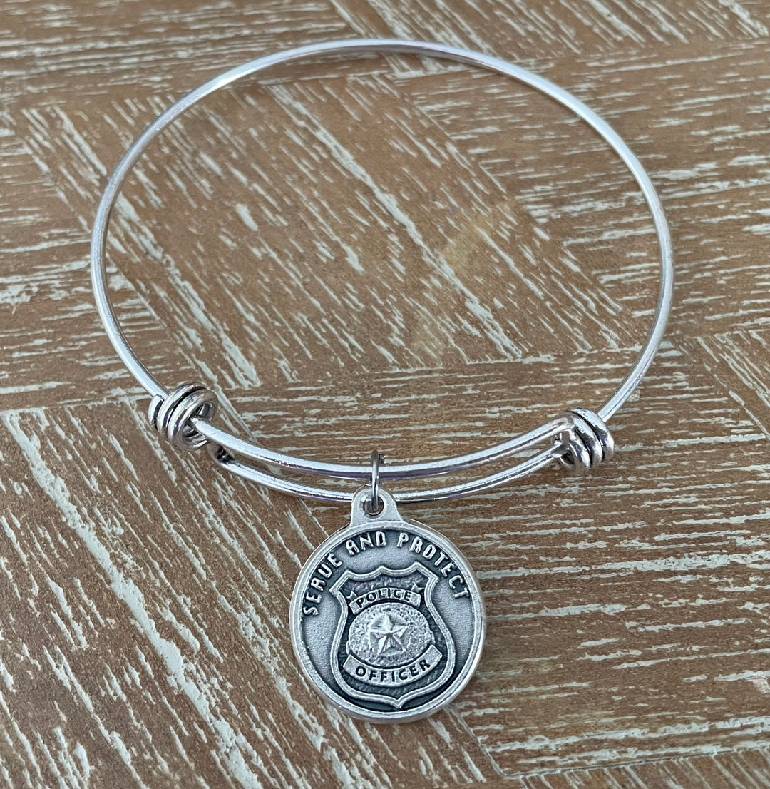 Saint Michael Archangel Bracelet | Serve and Protect Police Gift | Sterling Silver Plated Expandable Bangle | Catholic Patron Saint Charm Jewelry