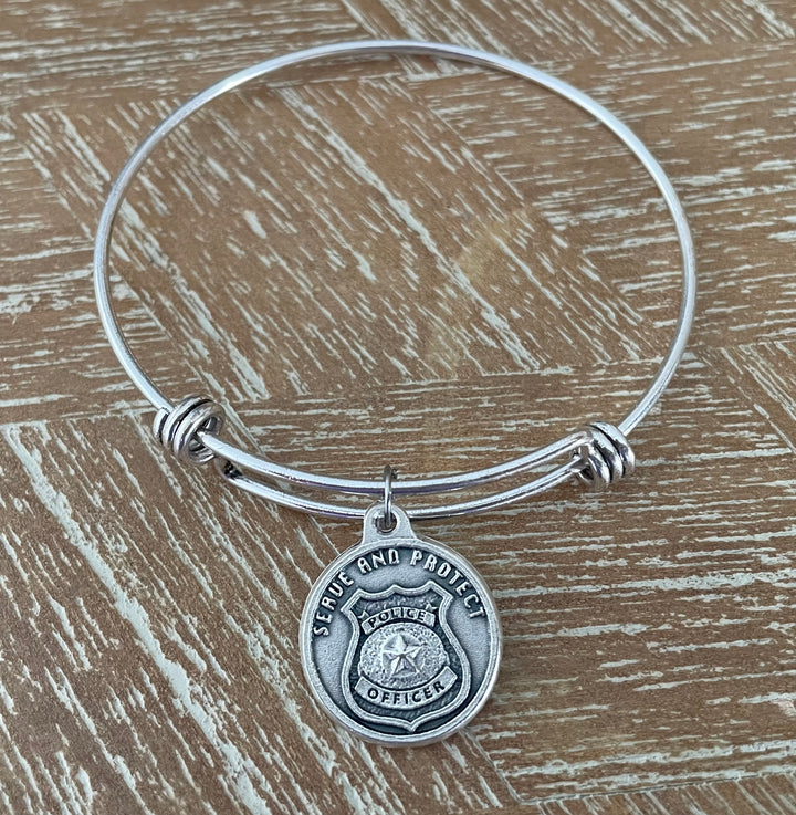Saint Michael Archangel Bracelet | Serve and Protect Police Gift | Sterling Silver Plated Expandable Bangle | Catholic Patron Saint Charm Jewelry