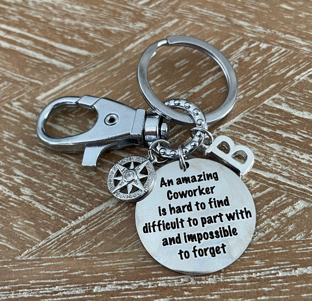Personalized Coworker Keychain with Engraved Quote, Crystal Compass Charm &amp; Initial — Going Away Gift by Jules Obsession
