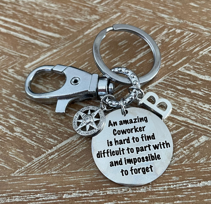Personalized Coworker Keychain with Engraved Quote, Crystal Compass Charm &amp; Initial — Going Away Gift by Jules Obsession