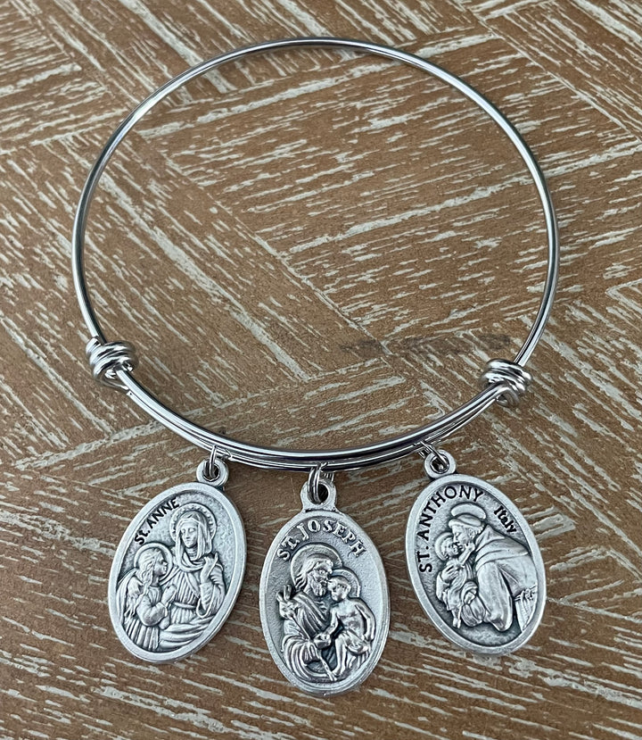 St. Anne, St. Joseph &amp; St. Anthony Catholic Saints Charm Bangle Bracelet
