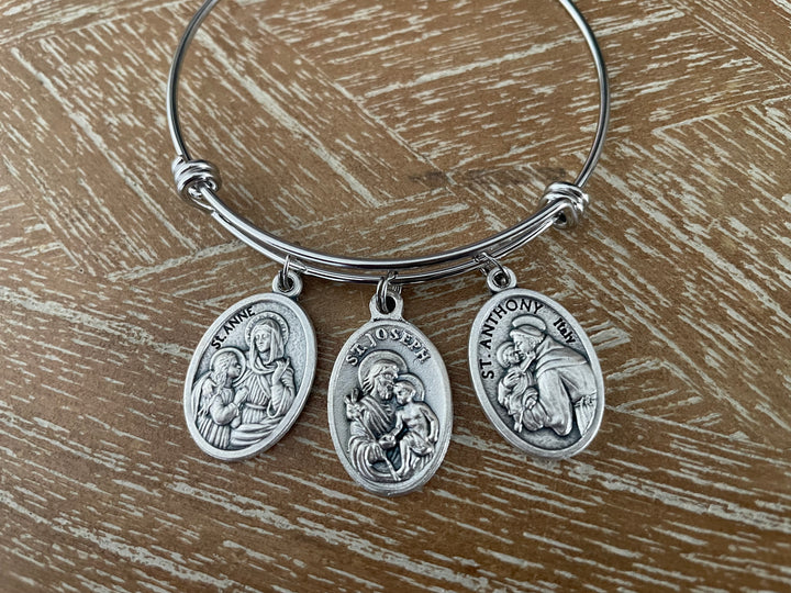 Catholic Saints Charm Bangle Bracelet — St. Anne, St. Joseph &amp; St. Anthony Jewelry